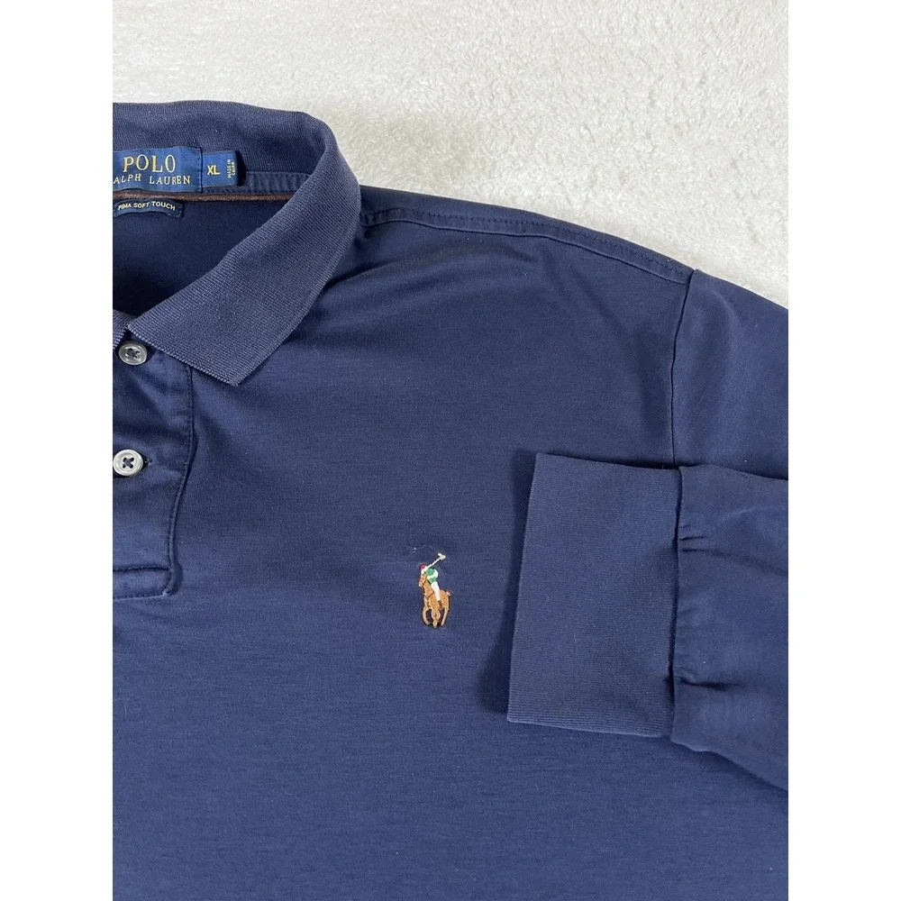 Polo Ralph Lauren Pima Soft Touch Navy L/S Polo Shirt Flesh Pony Men's XL Preppy